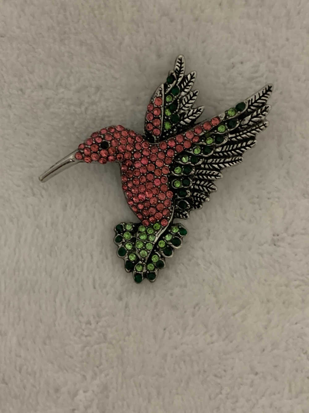 Pink and Green Hummingbird Crystal Brooch - Elegant Bird Pin